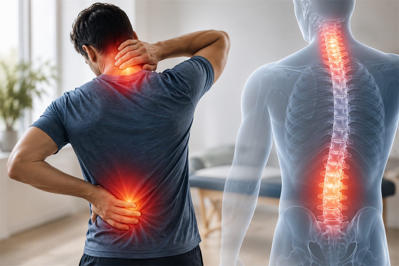 Man holding his neck and lower back in pain, beside an anatomical view of an inflamed spine