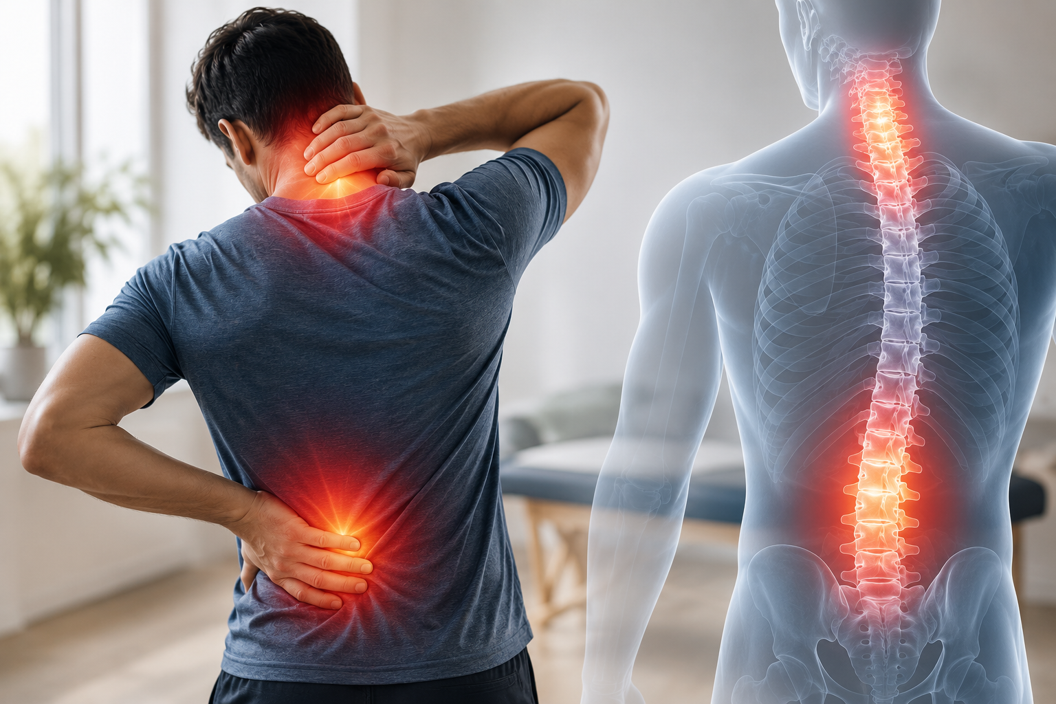Man holding his neck and lower back in pain, beside an anatomical view of an inflamed spine